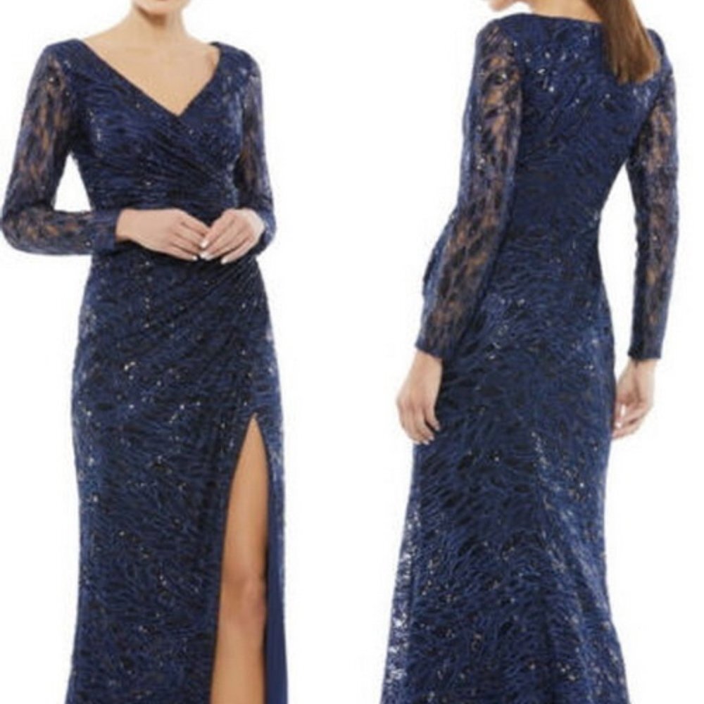 Long Sleeve Sequin Lace Sheath Gown